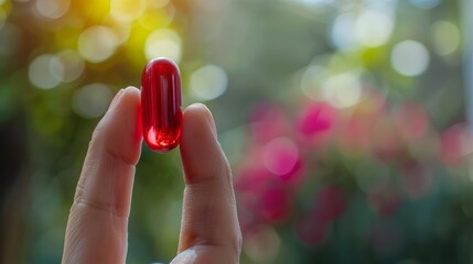 Canvas Print - female hand holding red medicine capsule on blurred background healthcare and pharmaceutical concept