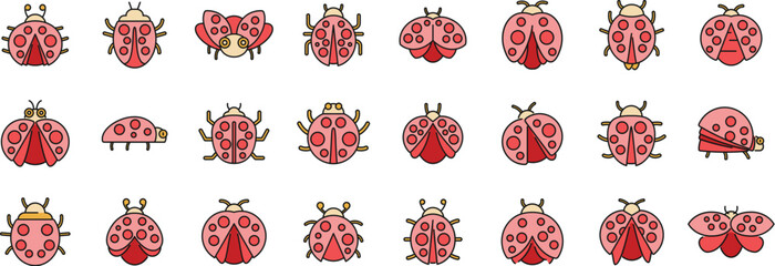 Poster - Insect ladybird icons set outline vector. Child fly. Insect bug thin line color flat on white