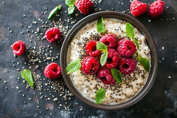 Sticker - Top view of healthy and delicious oatmeal with raspberries sunflower and chia seeds