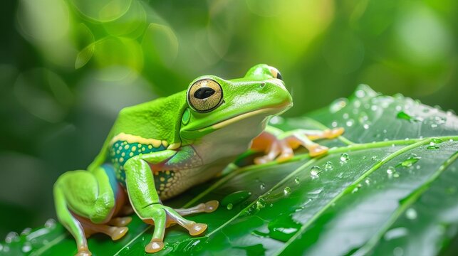 green flying tree frog perched on leaf vibrant nature closeup