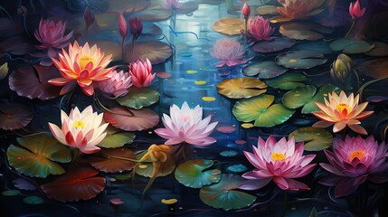 A serene pattern of lotus flowers and water lilies  
