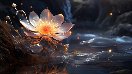 Wall Mural - A siren flower with flowing, wave-like petals and an ethereal glow, growing near a mystical shore  