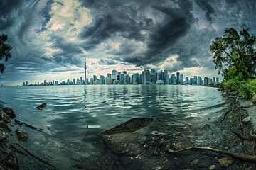 Wall Mural - Panoramic view of Cloudy Toronto City Skyline with Waterfront 