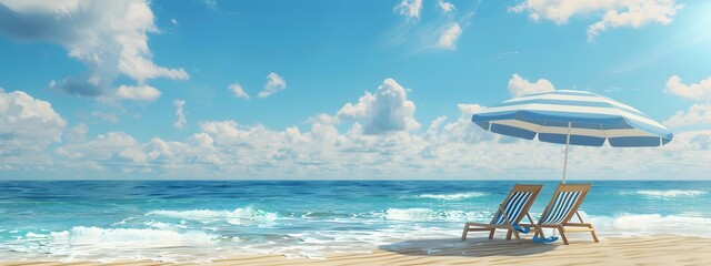 Wall Mural - peaceful beach scene with blue and white umbrella, two deck chairs, and flip flops on tranquil shore