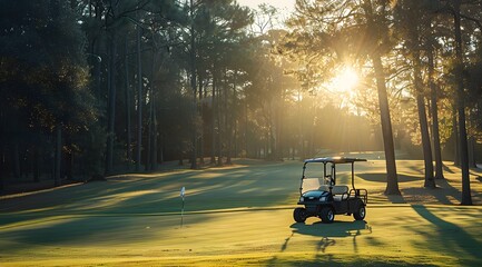 Wall Mural - Scenic golf course with black golf cart under dappled sunlight, early morning, 3D rendering