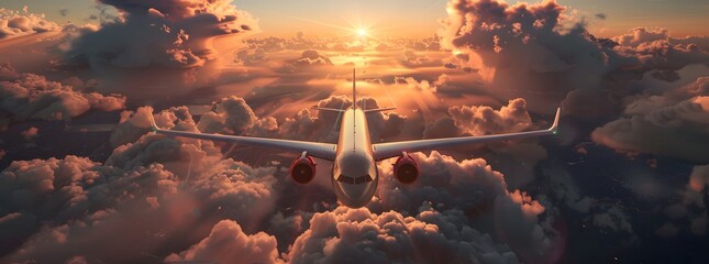 Wall Mural - passenger airplane soaring through colorful sunset sky above clouds, beautiful scenic flight concept