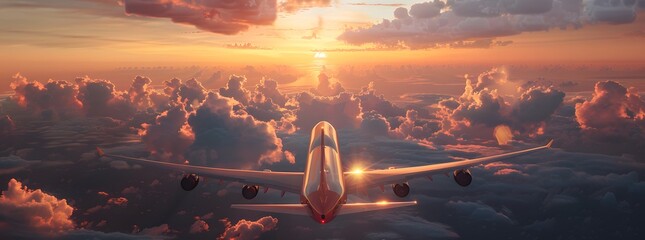 Wall Mural - Large Passenger Airplane Soaring Above Clouds During Sunset, Stunning Aerial View of Commercial Aviation