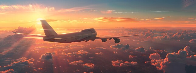Wall Mural - Passenger Airplane Soaring Through Colorful Sunset Sky Above Clouds, Beautiful Scenic Flight Concept