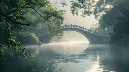 Wall Mural - Tranquil View of an Ancient Stone Bridge Over a Misty River, Framed by Dense Green Foliage and Soft Sunlight, Creating a Serene and Peaceful Atmosphere