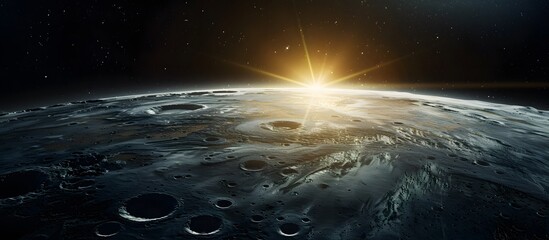 Wall Mural - stunning view of the lunar surface with sunlight peeking over the horizon, showcasing craters and ru