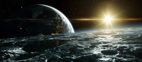 Wall Mural - lunar surface with sunlight peeking over the horizon, showcasing craters and rugged terrain, perfect