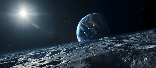 Wall Mural - majestic view of earth from the moon with sunlight casting a glow, featuring the moon's surface and 