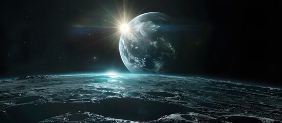 Wall Mural - view of earth from the moon with sunlight casting a glow, featuring the moon's surface and distant s