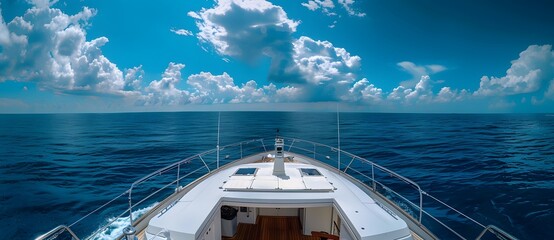 Wall Mural - Yacht sailing in the middle of the ocean under a bright blue sky with fluffy white clouds, perfect for travel, adventure, and luxury lifestyle themes