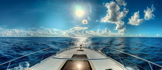 Wall Mural - Yacht on the open sea, capturing the vast ocean, blue sky, and dynamic clouds, ideal for maritime, travel, and leisure content