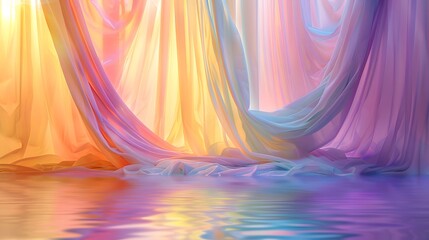 Wall Mural - Flowing draped fabric in pastel colors of pink, yellow, and blue, softly illuminated with warm sunlight creating gentle light reflections and subtle bokeh effects abstract background