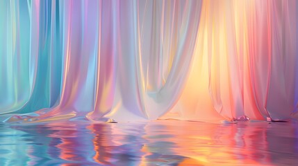 Wall Mural - Flowing draped fabric in pastel colors of pink, yellow, and blue, softly illuminated with warm sunlight creating gentle light reflections and subtle bokeh effects abstract background