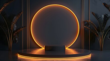 Wall Mural - luxurious black stage with neon orange circle light, surrounded by elegant plant decor, set in a dar