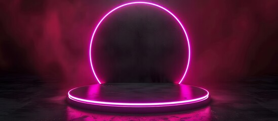 Canvas Print - modern black circular platform with neon pink light, set against a dark smoky background with moody 