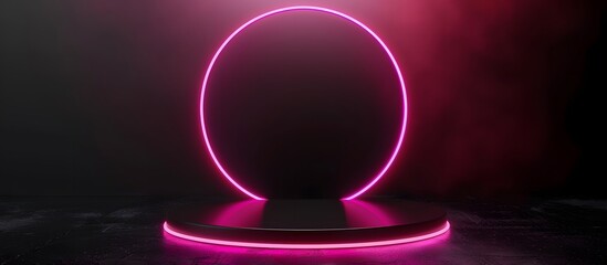 Wall Mural - black circular platform with neon pink light, set against a dark smoky background with moody lightin