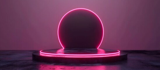Canvas Print - black circular platform with neon pink light, set against a dark smoky background with moody lightin