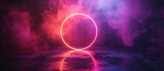 Wall Mural - abstract futuristic background with pink and purple glowing ring and atmospheric smoke effects