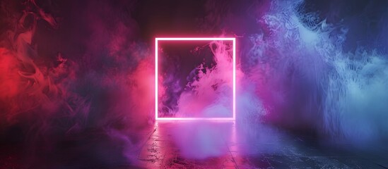 Wall Mural - abstract art with bright pink glowing square and atmospheric red and purple smoke for dramatic effec