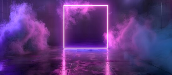 Wall Mural - neon square frame with smoke in industrial space, glowing pink square amidst purple and blue haze