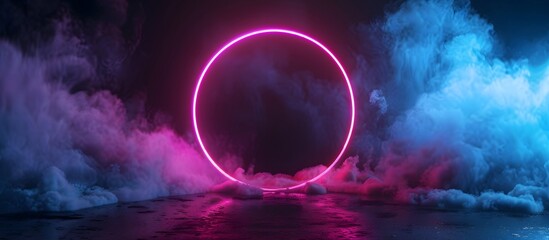 Wall Mural - neon circle frame in mystical smoke, illuminated pink ring in foggy blue and pink setting