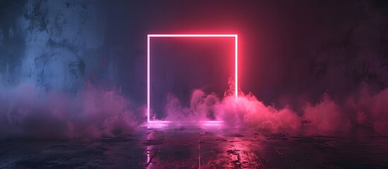 Wall Mural - neon square frame in smoky industrial setting, illuminated pink square with blue and purple smoke