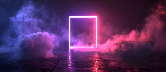 Wall Mural - glowing neon square frame in smoky room, bright pink square surrounded by misty pink and blue hues