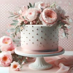 Wall Mural - beautiful pastel-colored cake with flowers on a stand adorned with delicate pink flowers, exuding elegance and sophistication.