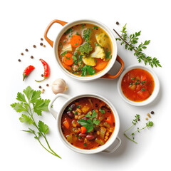 Wall Mural - Three bowls of soup with various vegetables and spices on a white background