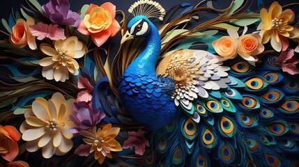 Wall Mural - A stunning paper art illustration of a peacock with intricate feathers 