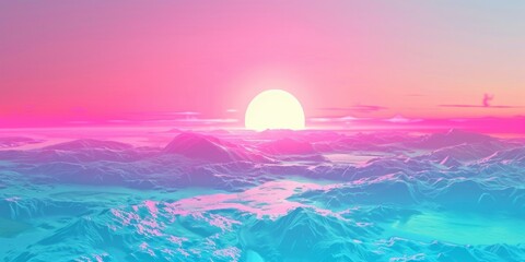 Poster - Retro Futuristic Mountain Landscape With Pink And Blue Gradient Sunrise