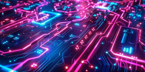 Poster - Glowing Neon Circuitry Abstract Pattern in Pink and Blue