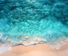 Wall Mural - Aerial view of sandy beach and ocean with waves. Blue water background in summertime