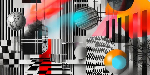 Poster - Abstract Geometric Collage With Black and White Stripes and Vibrant Colors