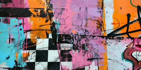 Poster - Abstract Graffiti Art on Urban Wall With Checkerboard Pattern