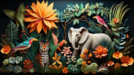 Wall Mural - A vibrant paper art illustration of a rainforest with exotic animals and plants  
