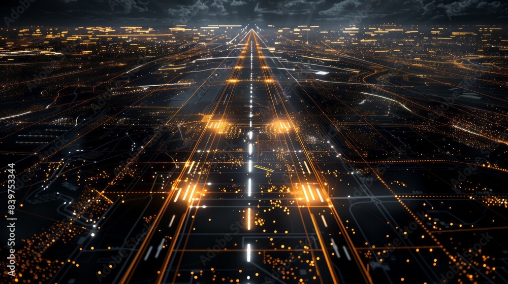 Aerial view of a bustling city at night with illuminated streets ...