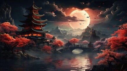 An ancient Chinese landscape with a pagoda, a dragon winding through the sky, and  