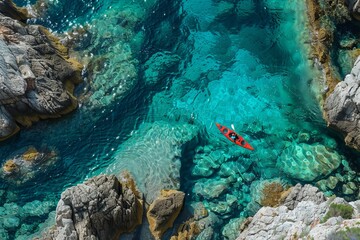 Canvas Print - View from the rock cliffs of kayaker exploring the crystal clear Mediterranean waters of a cove off the coast of Dubrovnik, Croatia