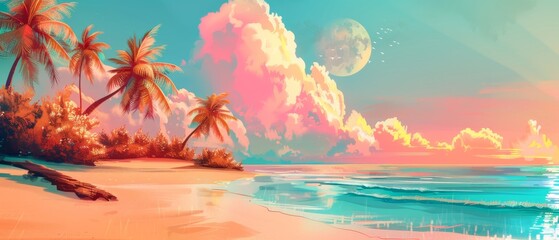 Summer Landscape. A beautiful beach with palm trees and white sand, waves crashing on the shore.