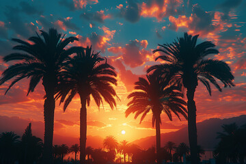 Wall Mural - Palm trees silhouetted against a sunset