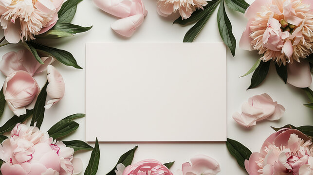 Photo of a white cardstock surrounded by pink peonies and beige leaves on the sides, set against a blue background, arranged in a flat lay.