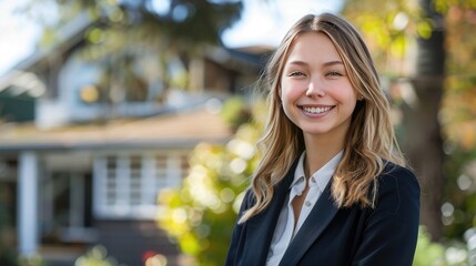 Wall Mural - A woman in a business suit is smiling and posing for a photo. The image has a bright and cheerful mood, with the woman's smile and the sunny background