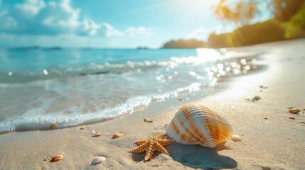 Wall Mural - A starfish and seashell on a sandy beach with gentle waves and sunlight in the background