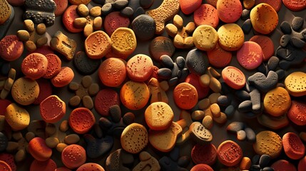 Wall Mural - A detailed and appealing illustration of dog kibble, showcasing its nutritional value and appetizing appearance with a mix of different shapes and colors