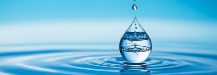 Close-up of a falling drop of water creating circular waves on the calm surface of the water. The concept of purity, tranquility and harmony of nature